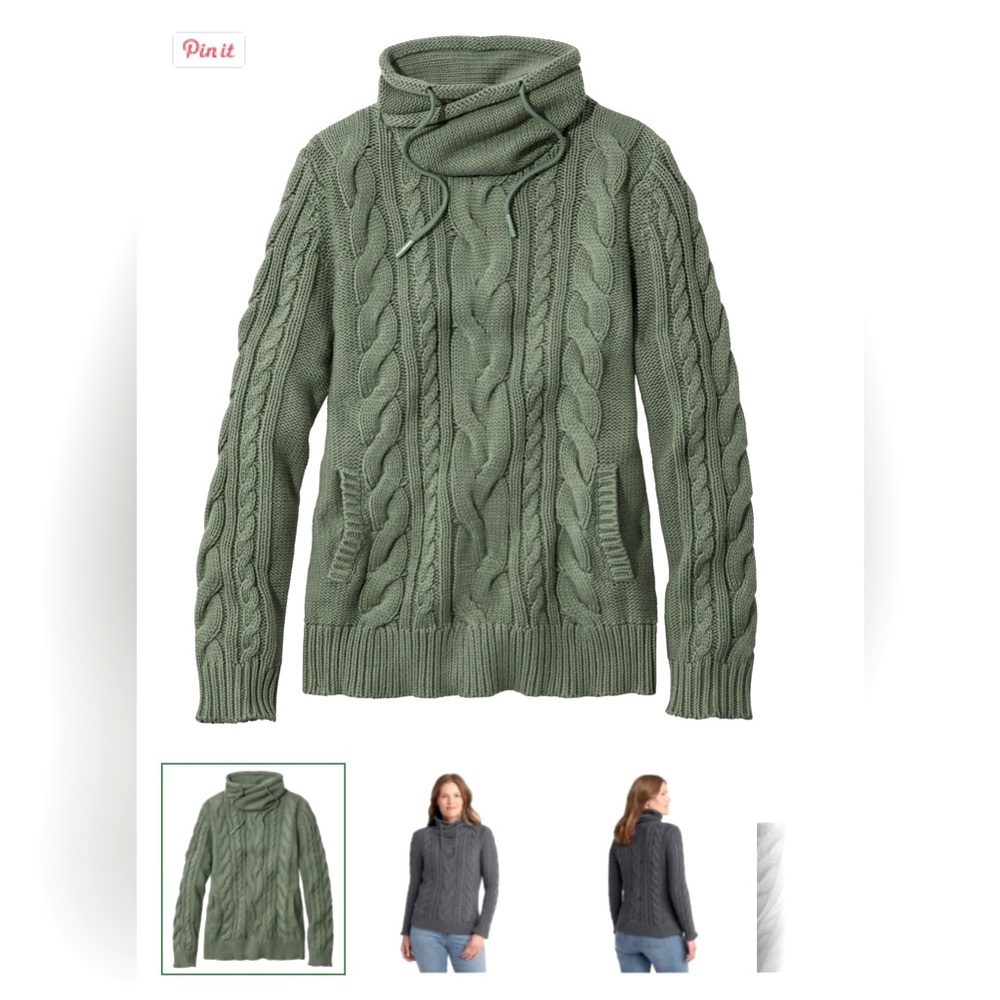 Sage green funnel neck cable sweater from LL Bean. Size medium. Barely worn.